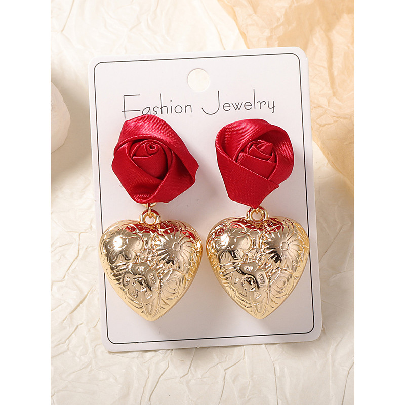 Women's Romantic Rose and Heart Drop Earrings, Red Satin Flower with Gold-Tone Heart Design, Statement Jewelry for Weddings, Valentine's Day Gift, and Special Occasions
