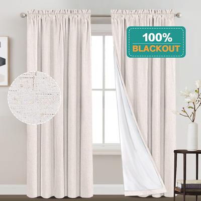 Linen Texture Curtains for Bedroom Solid 100% Blackout Thermal Insulated with White Liner Room Darkening Curtains/Draperies for Living Room Nursery 2 Pieces, W52 x L84