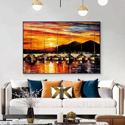 100% Hand painted Sunset boat Oil Painting Cloud Sea Hanging Painting Sunset Orange Sailing Ship Sea Oil Painting Blue Ocean Waves Boat Wall Art Seascape Canvas Painting Colorful Sunset painting
