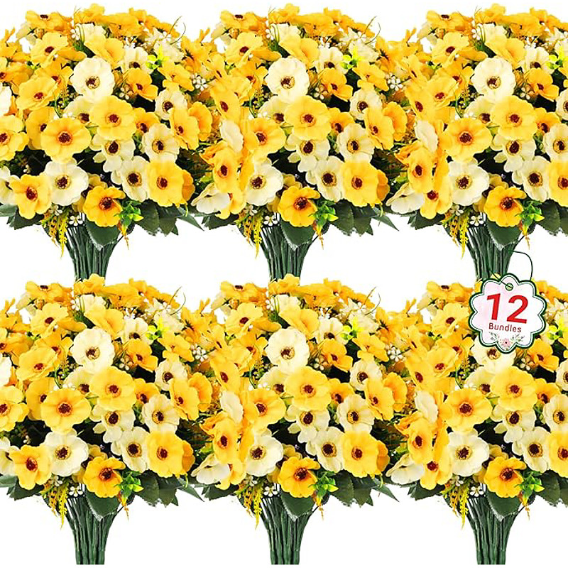 12 Bundles Artificial Flowers for Outdoors Decoration Fake Daisy Silk Flowers UV Resistant Artificial Plants for Spring Summer Garden Porch Window Box Room Home Decor Yellow