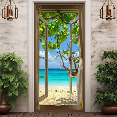 Window View Beach Door Covers Mural Decor Door Tapestry Door Curtain Decoration Backdrop Door Banner Removable for Front Door Indoor Outdoor Home Room Decoration Farmhouse Decor Supplies