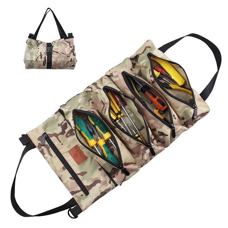 NEW Multi-Purpose Roll Up Tool Bag Hanging Canvas Wrench Tool Bag Storage Bag with 5 Zipper Bags Tool Car Accessories