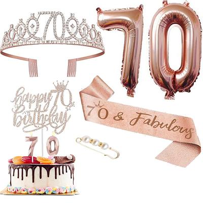 Birthday Party Rose Gold Deluxe 6-Piece Set - Balloon Numbers (10-80), Tiara, Sash, Cake Candles, Cake Topper - for Girls Women