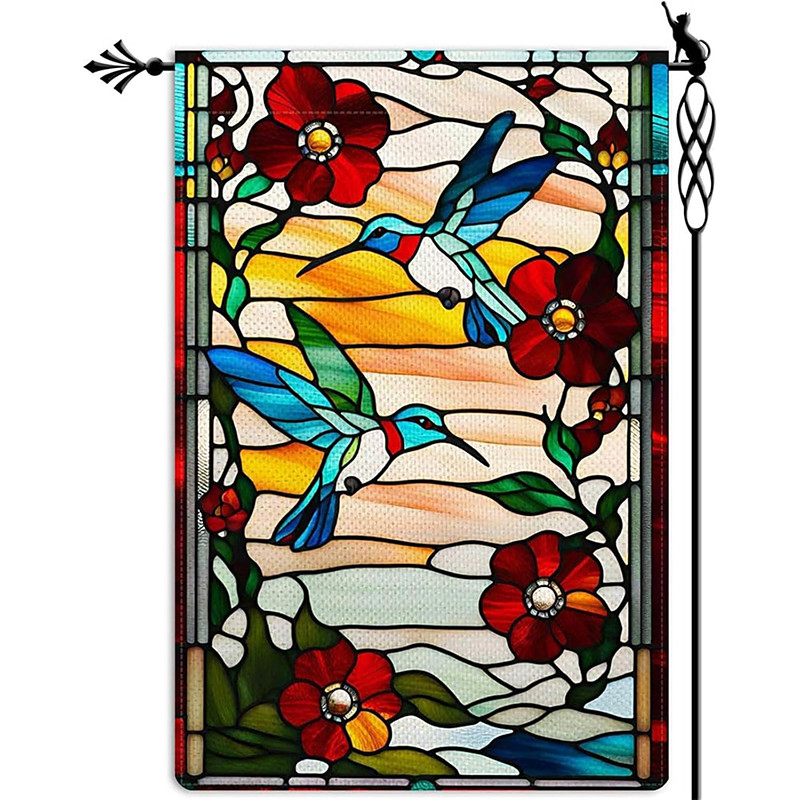 Flag 12 x 18 Inch Yard Flags, Stained Glass Hummingbirds Small Garden Flags for Outside, Outdoor Flags, Holiday Garden Flags
