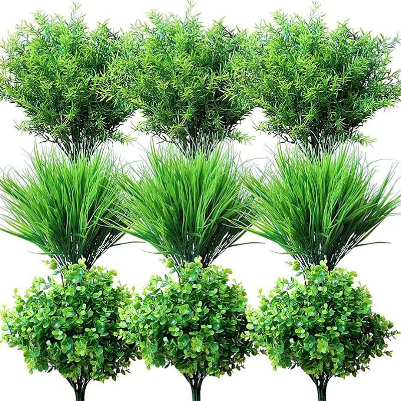 19pcs Artificial Fake Flowers Eucalyptus Greenery Plants, Indoor Outdoor Garden Decor, Small Spring Grass Arrangement, Faux Green Plants for Home Patio Yard Decoration
