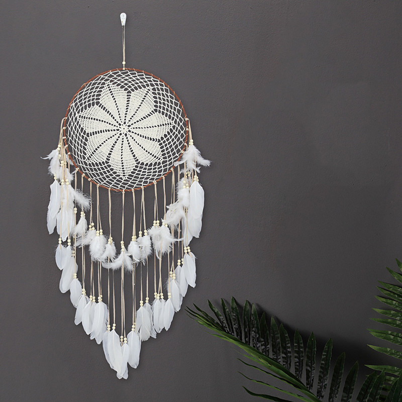 Dream Catcher Star Coffee Three Rings Handmade Gift with White Feather Wall Hanging Decor Art Wind Chimes Rural Style Home Pendant 35cm