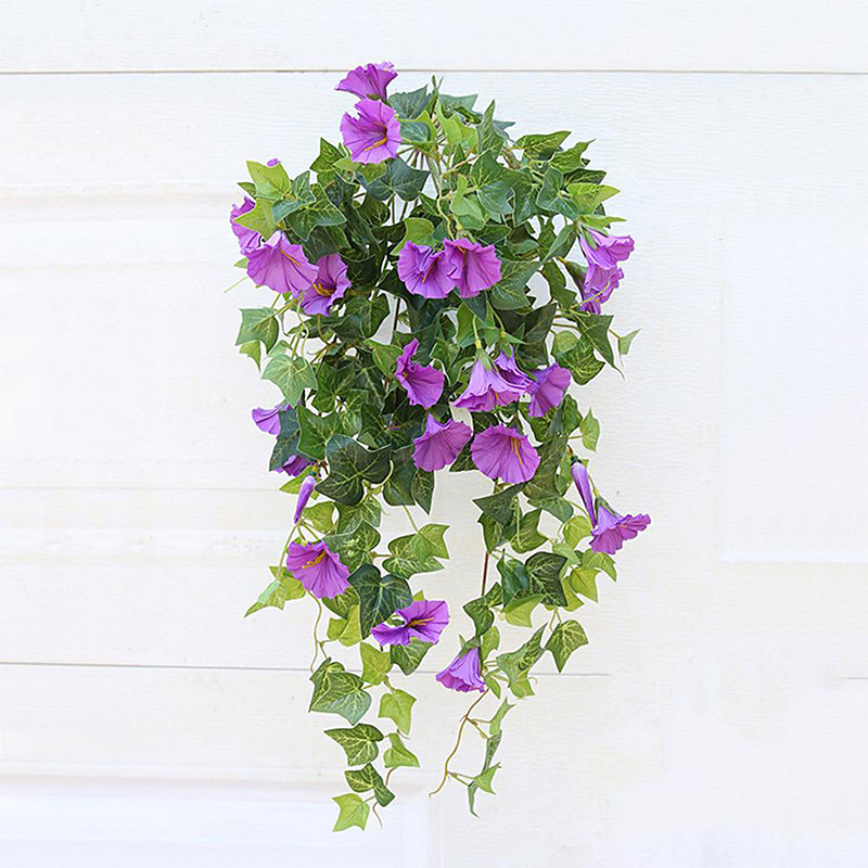 Hanging Artificial Silk Morning Glory Imitation Flower Vine Wedding Garden Decor Fake Plant Vibrantly Color Flower Green Plant for Home Garden Fence Stairway Decor