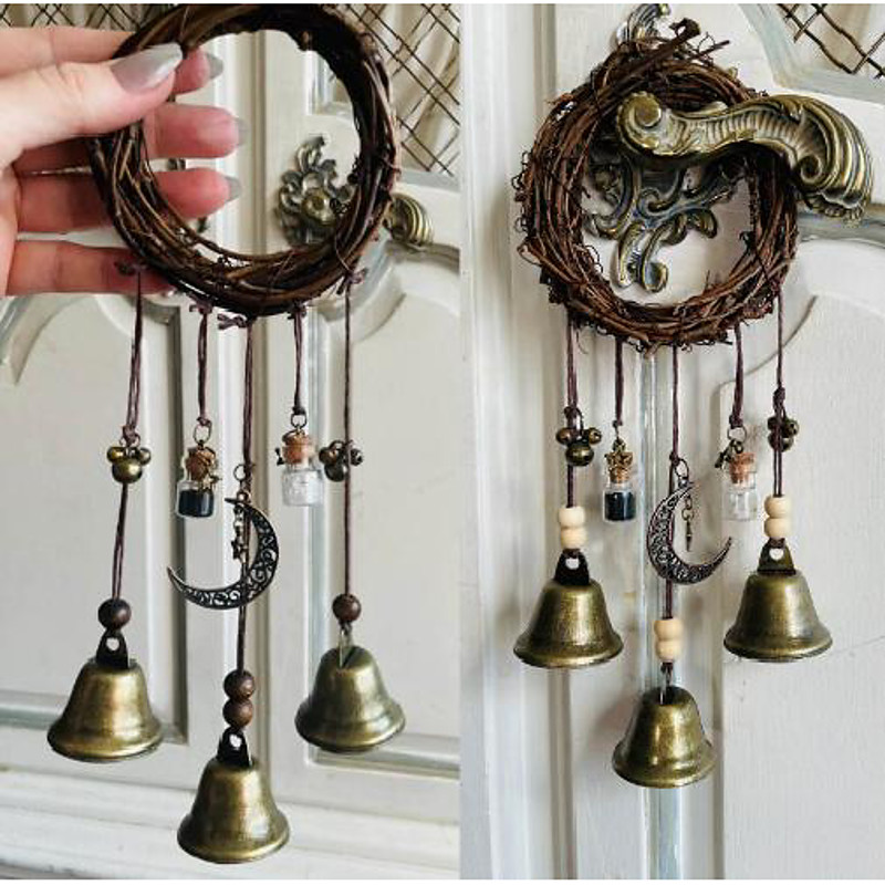 Handmade Witch Bells for Home Protection, Witch Wind Chimes Door Hanger, Handmade Rattan Wind Chimes Witch Decor, Protection Witchcraft Home Decor-1pcs