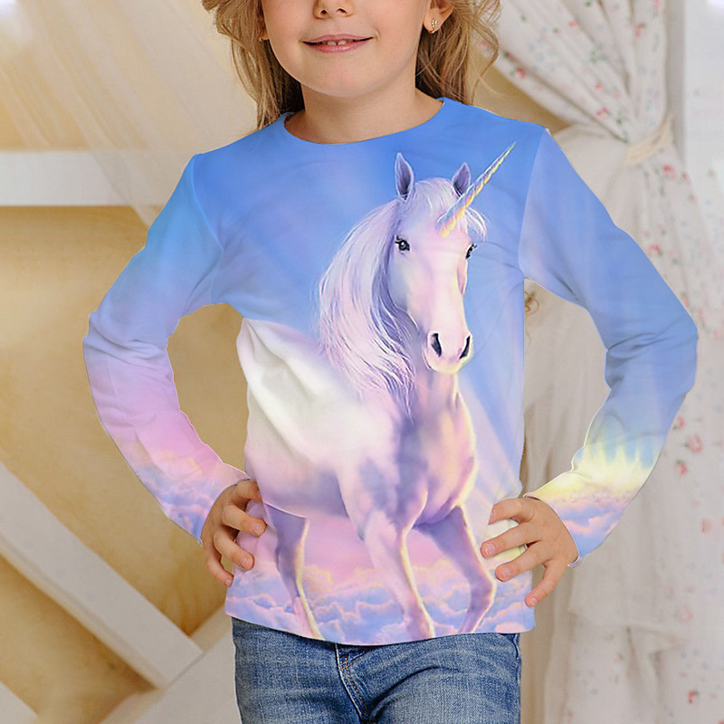 Kids Girls' Unicorn 3D Print T shirt Tee Long Sleeve Animal Print Blue Children Tops Fall Active School Daily Wear Regular Fit 4-12 Years