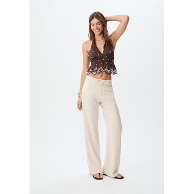 Stradivarius Linen blend embroidered straight-leg trousers Stone 6