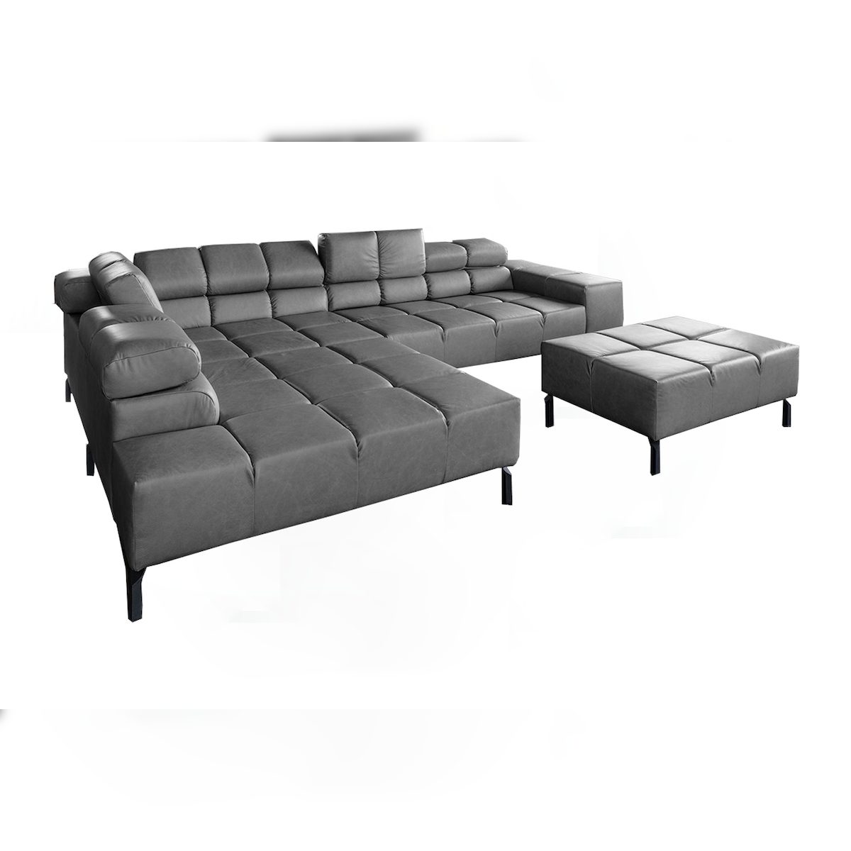 KAWOLA Sofa NELSON Ecksofa Leder anthrazit mit motorischem Sitzvorzug und Hocker Recamiere links Image