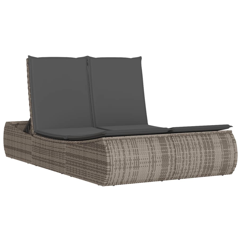 vidaXL Doppel-Sonnenliege mit Kissen Grau Poly Rattan Image
