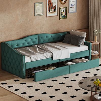 Schlafsofa 90x200 cm, Einzelbett mit Schubladen und viel Stauraum, mdf, grün, ohne Matratze Image
