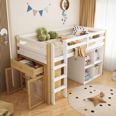 Kinderhochbett, multifunktionales Kinderbett, Einzelbett, mit 2 Stauschränken und Leiter, ohne Image