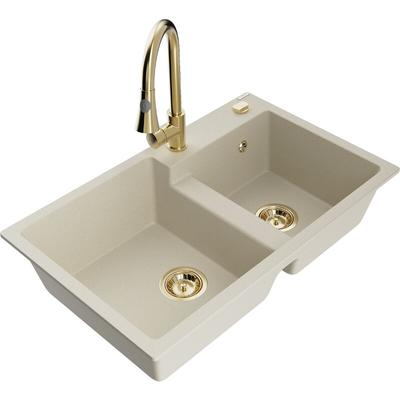 Tomas 2-Becken-Granitspüle mit Mischbatterie Elia, Beige - 6516-69-670101-50 - Mexen Image