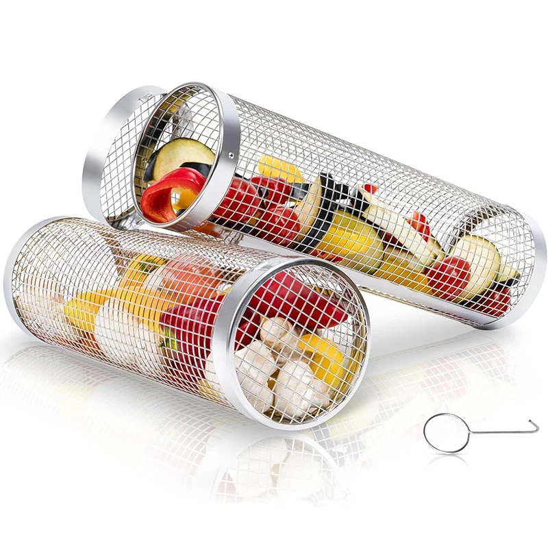 BBQ Net Rohr Tragbare Roll Grillen Korb Edelstahl Draht Mesh Zylinder Grill Korb Für Outdoor BBQ Camping JT462 Image