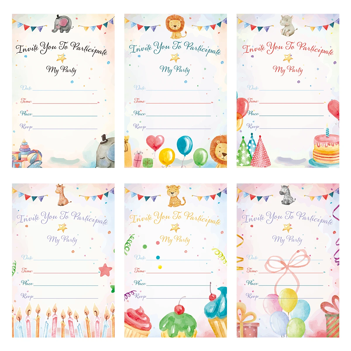 12 Stück Cartoon Dschungel Tier Muster Kindergeburtstag Party Einladungskarte, Party handgeschriebene Nachrichtenkarte Segenskarte Image