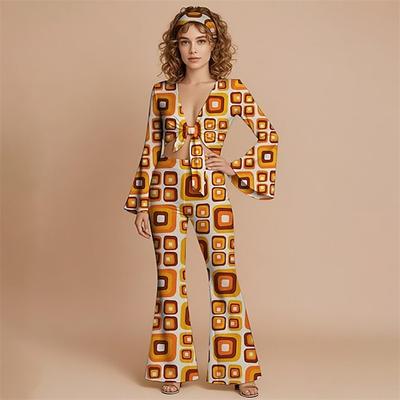 Retro Vintage 1970er Groovy Set mit Schlaghose und Schnürung vorne Hippie Disco Geometrisch Psychedelisch Damen Halloween Karneval Urlaub Musikfestival Festival Erwachsene Oberteil Hose Stirnband Image