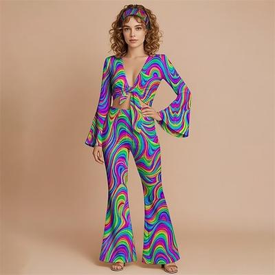 Retro Vintage 1970er Groovy Set mit Schlaghose und Schnürung vorne Hippie Disco Geometrisch Psychedelisch Damen Halloween Karneval Urlaub Musikfestival Festival Erwachsene Oberteil Hose Stirnband Image
