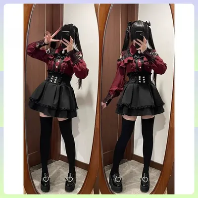 Jirai Kei Noneplay Gothic Lolita Sweetheart Kleid Set Lange Ärmel Bluse Faltenrock Schwarz Weiß Rot Ver für Party Image