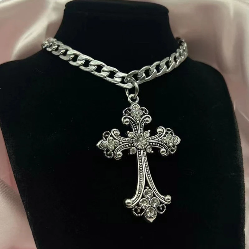 Große detaillierte Kreuz bohrer Anhänger Halskette Silber Farbton Gothic Punk Schmuck Mode Charme Aussage Frauen Mädchen Geschenk