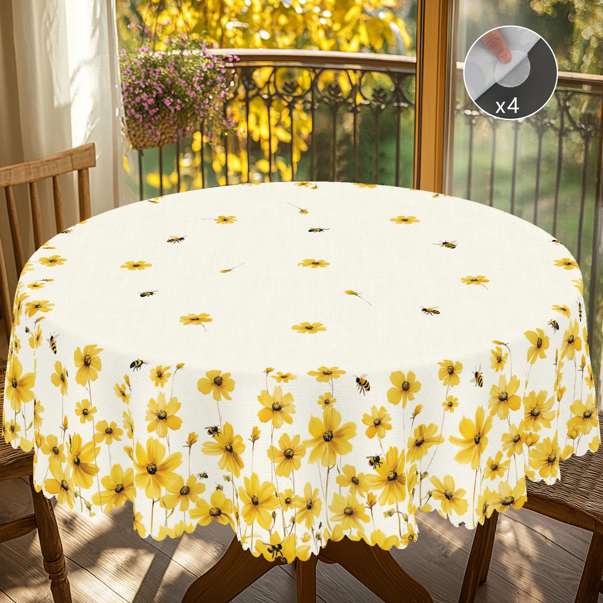 1 Stück runde und rechteckige Tischdecke mit Gänseblümchen- und Bienenmotiv, erhältlich in verschiedenen Größen, mit einem Aufdruck, der leuchtende Blumen und verspielte Bienen mit dynamischen Image