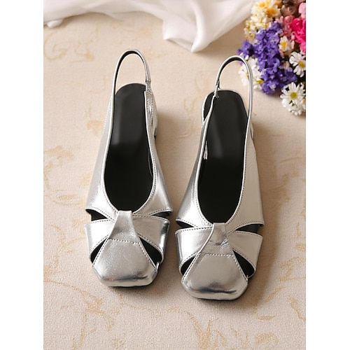 Silberne Slingback-Schuhe mit offener Spitze und gekreuztem Design für Damen – schicke Alltagsschuhe für moderne Frauen Image