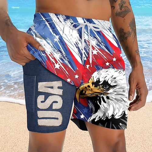 Unabhängigkeitstag Herren Patriotische USA-Flagge Futtershorts 2 in 1 Boardshorts Schwimmshorts Mittlere Taille Urlaub Seitentaschen mit Kompressionsfutter Elastischer Kordelzugbund Image