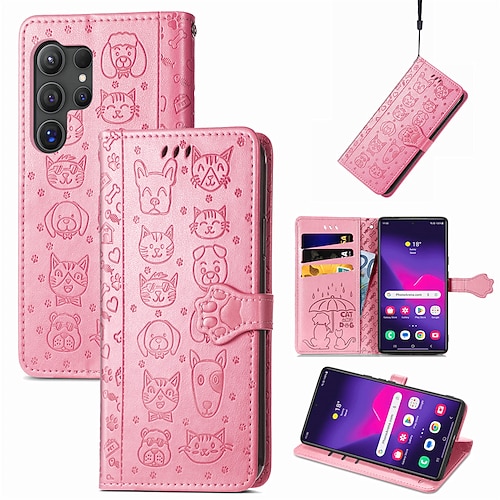 Handy Hülle Handyhüllen Für Samsung Galaxy S25 S24 S24 FE S23 S22 S21 Ultra Plus A16 A55 5G A35 5G A25 Brieftaschenhülle Flip-Cover Mit Handgelenkschlaufe Stoßfest Katze Hund TPU PU-Leder Image