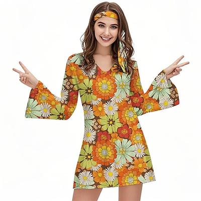Retro Vintage 1970er Groovy Kleid Stirnband Hippie Disco Blumen Damen Halloween Karneval Urlaub Musikfestival Festival Erwachsene Kleid Stirnband Image