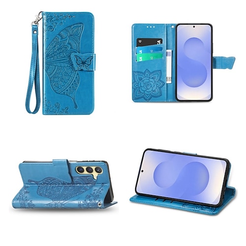 Handy Hülle Handyhüllen Für Samsung Galaxy S25 S24 Ultra Plus S24 FE A16 A55 5G A35 5G A25 A34 A54 Brieftaschenhülle Flip-Cover Geprägt Magnetisch Vollschutz Schmetterling Blumendruck TPU PU-Leder Image
