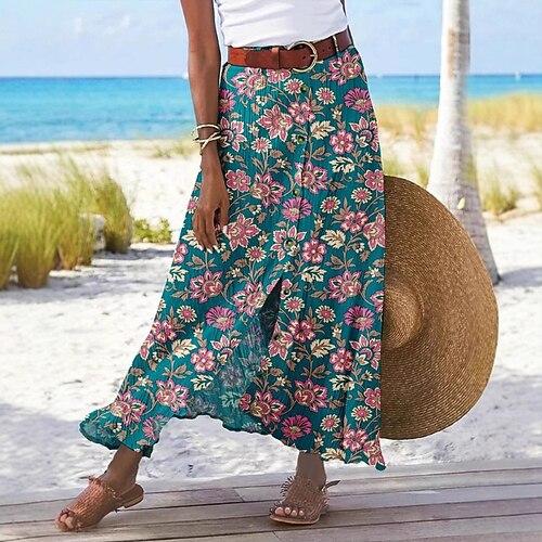 Damen Rock Lässig Boho Maxi Mittlere Hüfthöhe Röcke Blumen Druck Gespleißte Enden Mikroelastisch Urlaub Straße Dunkelgrün Sommer Polyester