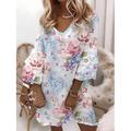 Damen-Minikleid, A-Linien-Kleid, Urlaubs-Sommerkleid, lässiges Boho-Party-Sommerkleid, normale Passform, Blumenmuster, Grafik, mehrlagig, Rüschen, 3/4-Ärmel, V-Ausschnitt, hellblau, hellviolett,