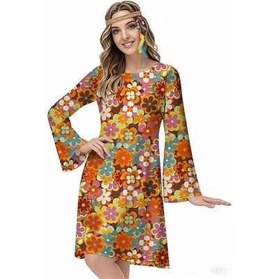 Retro Vintage 1970er Groovy Kleid Stirnband Hippie Disco Blumen Damen Halloween Karneval Urlaub Musikfestival Festival Erwachsene Kleid Stirnband Image
