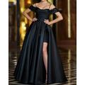 Elegantes Satin Off-Shoulder A-Linie Meerjungfrau Trompete Abendkleid geraffte Perlen und Schlitz formelles Hochzeitskleid mit Bodenlange ärmellos.