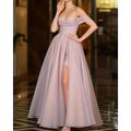 Elegantes Satin Off-Shoulder A-Linie Meerjungfrau Trompete Abendkleid geraffte Perlen und Schlitz formelles Hochzeitskleid mit Bodenlange ärmellos.