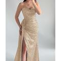 Elegantes blaues glitzerndes Meerjungfrau-Trumpet-Abendkleid formelles Hochzeitskleid bodenlang Herz-Ausschnitt Spitze ärmellos Falten gerafft Schlitz