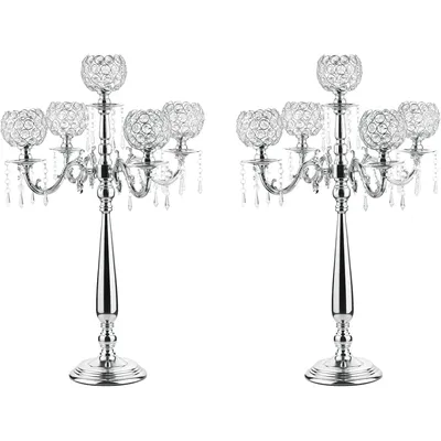 2Pack 5 Arm Crystal Candelabra Centerpieces Silver Metal Candlestick Holders for Wedding Ceterpieces Party Decoration