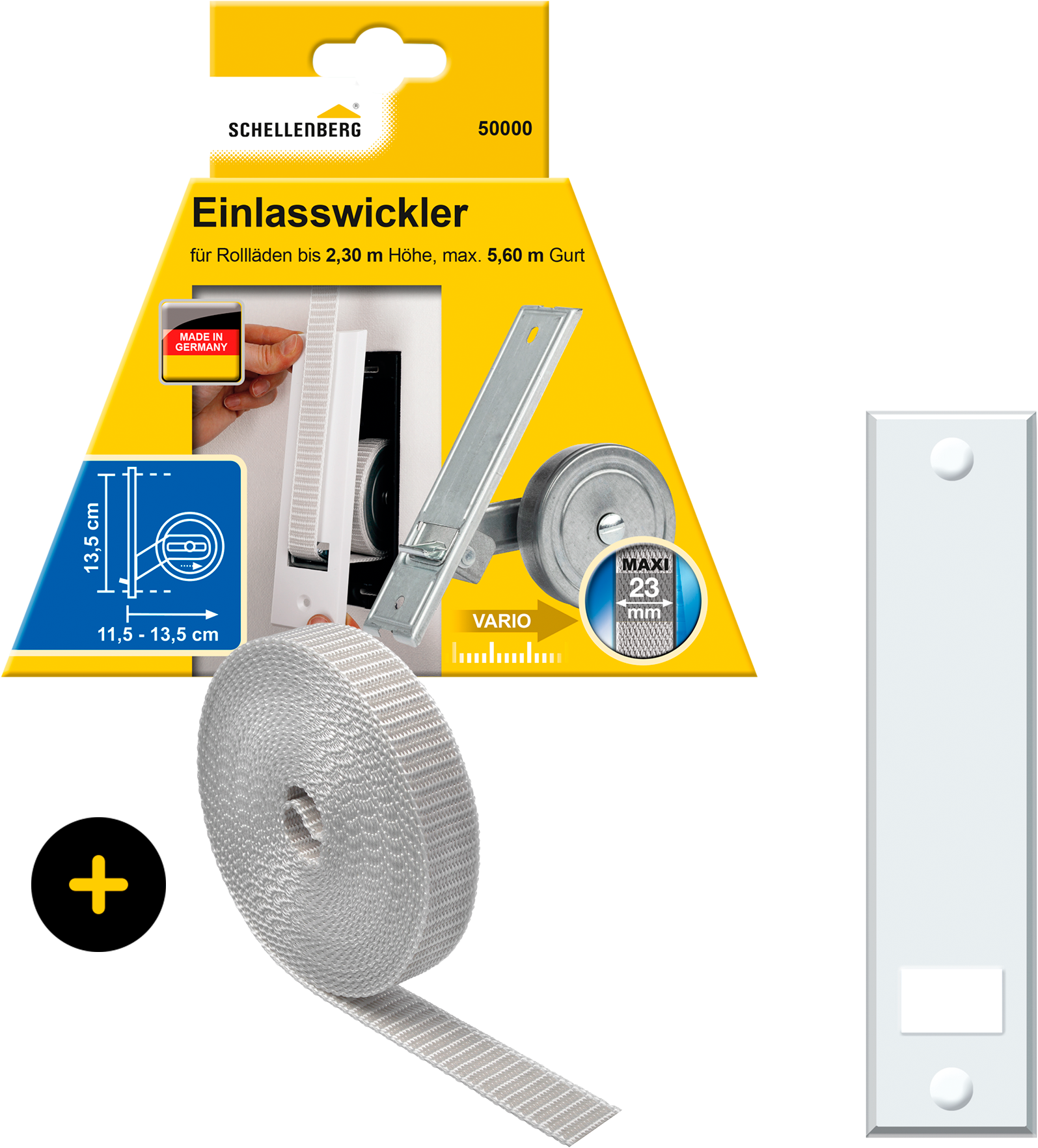 Einlass-Gurtwickler SCHELLENBERG "Unterputz, inkl. Abdeckplatte weiß und Rollladengurt in grau oder weiß", grau, 1 Stk., Gurtwickler, 13,5 cm Lochabstand für das Rollladensystem Maxi