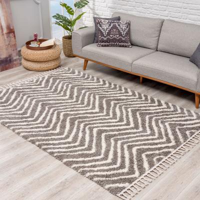 Hochflor-Teppich CARPET CITY "Pulpy 531" Gr. 34, grau, B:80cm H:30mm L:300cm, Kunstfaser, Teppiche, Fransenteppich, besonders weich, mit Fransen, Zickzack Look Image