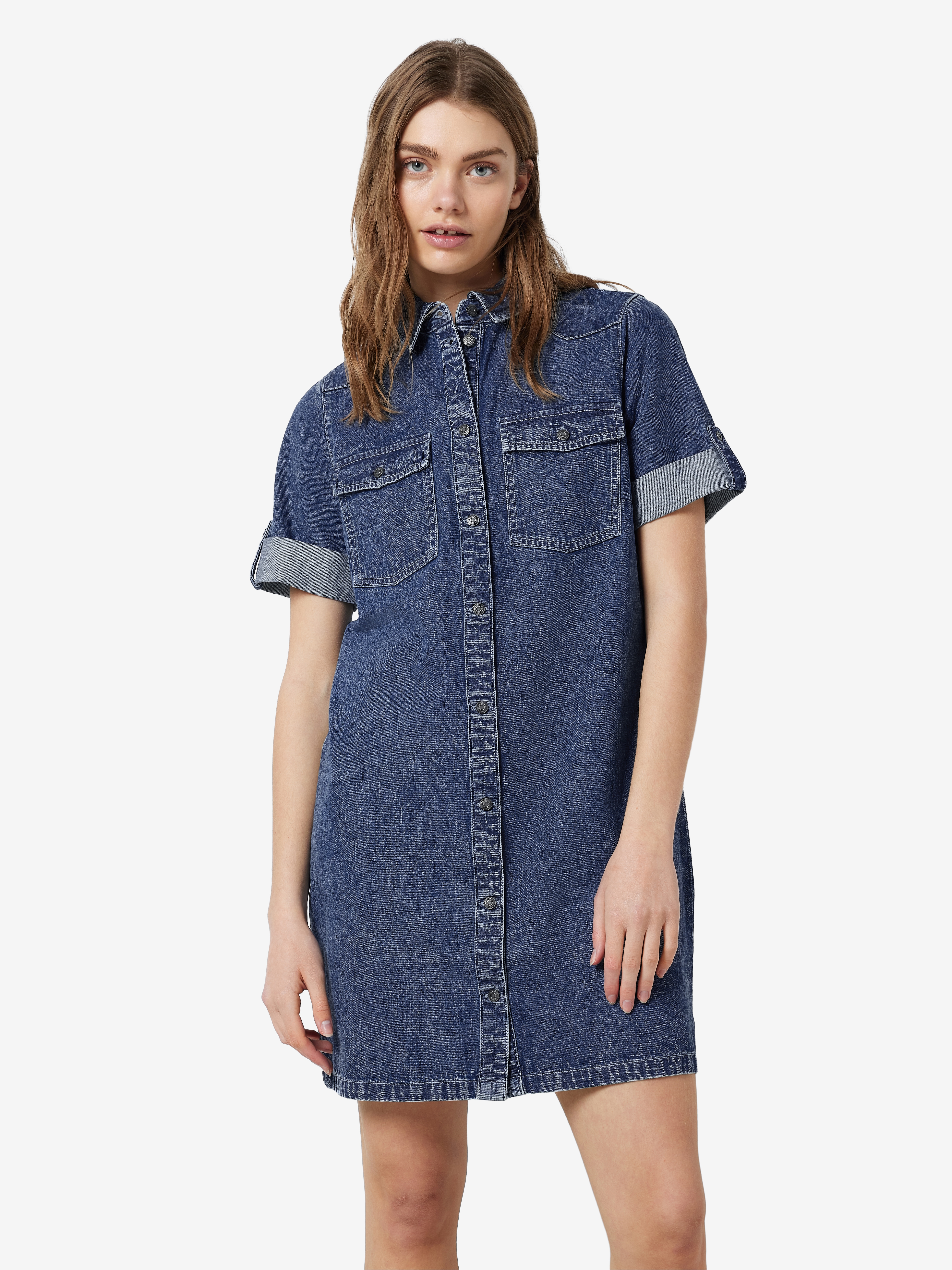 Jeanskleid NOISY MAY "NMNEW SIGNE S/S DENIM DRESS WG002MB NOOS", Damen, Gr. XS, N-Gr, blau (medium blau denim), Denim/Jeans, Obermaterial: 100% Baumwolle, unifarben, Modisch, Kleider Image