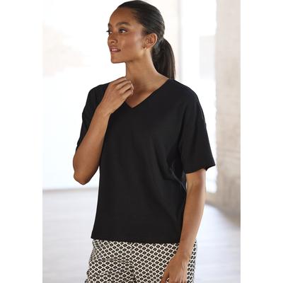 Pyjamaoberteil LASCANA, Damen, Gr. 44/46, schwarz, Single Jersey, Obermaterial: 60% Viskose, 35% Elasthan, 5% Polyester, unifarben, Basic, bequem, V-Ausschnitt, Kurzarm, Shirts, Mit V-Ausschnitt Image