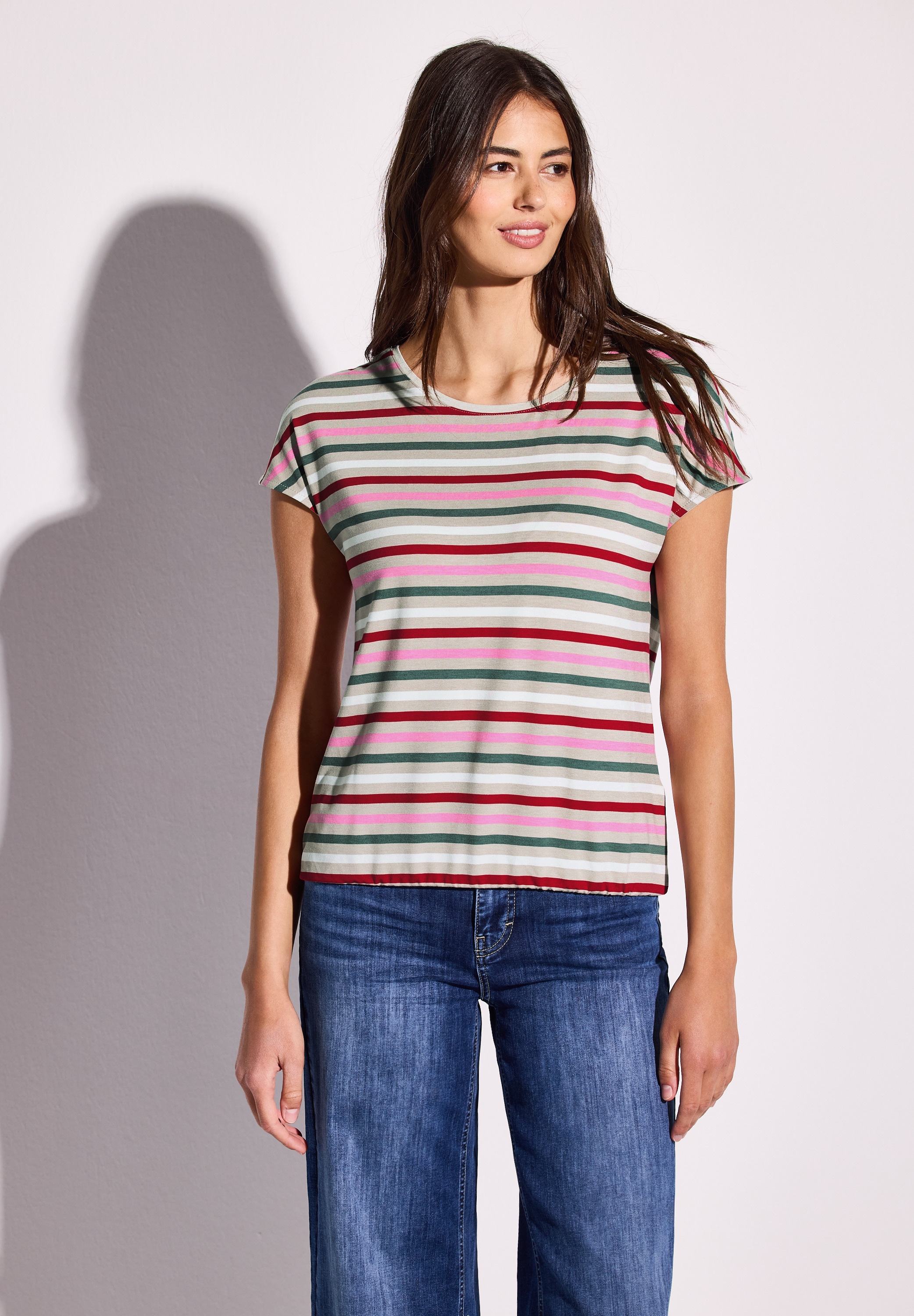 T-Shirt STREET ONE, Damen, Gr. 36, beige (moonstone sand), Stoff, 95% Viskose, 5% Elasthan, gestreift, normal normal, Rundhals, abgesteppt, Shirts T-Shirt, aus softer Viskose