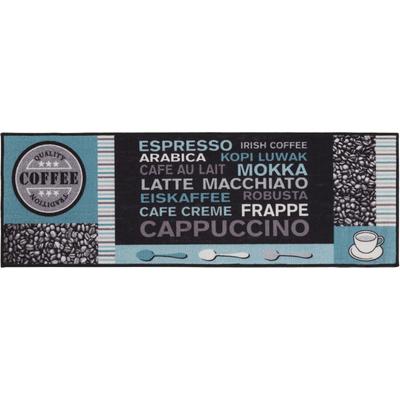 Küchenläufer ANDIAMO "Cafe Creme" Gr. 11, blau (türkis), B:50cm H:4mm L:150cm, Polyamid, Teppiche, Motiv Kaffee, mit Schriftzug, Größe 50x150 cm, Küche Image