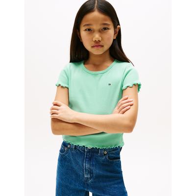 T-Shirt TOMMY HILFIGER "ESSENTIAL RIB TOP mit Babylock-Kanten und Stickerei", Mädchen, Gr. 4 (104), grün (menthol), Rippware, Obermaterial: 95% Baumwolle, 5% Elasthan, unifarben, normal, Rundhals, Kurzarm Rollkante, Shirts, unifarben, casual,... Image