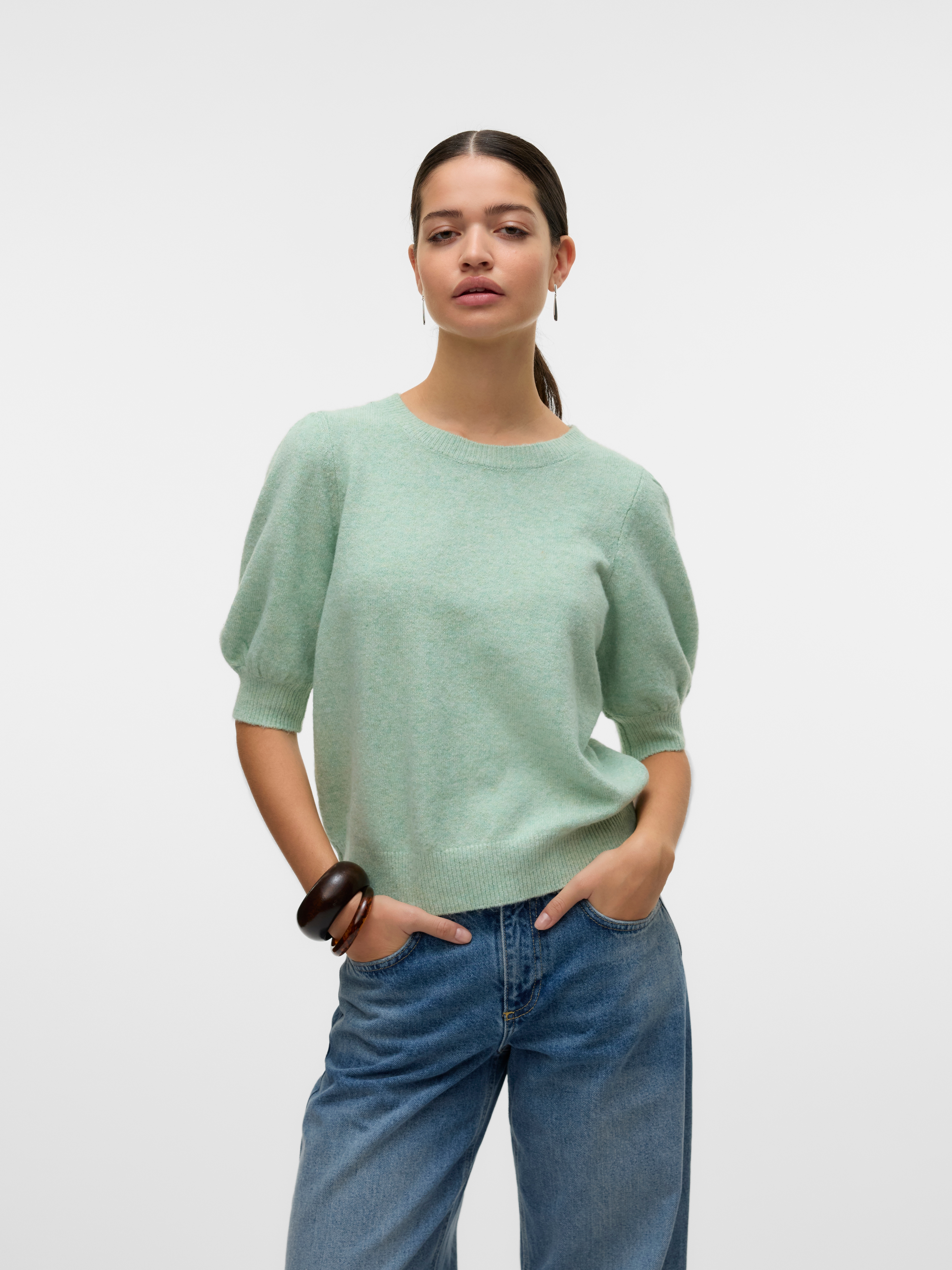 Rundhalspullover VERO MODA "VMDOFFY 2/4 O-NECK PULLOVER GA NOOS", Damen, Gr. XS, grün (birds egg grün detail:melange), Strick, Obermaterial: 94% Polyester, 3% Elasthan, 3% Nylon, meliert, regular fit normal, Rundhals, Puffärmel Strickbündchen,...