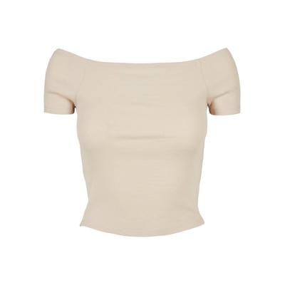 T-Shirt URBAN CLASSICS "Urban Classics Damen Ladies Off Shoulder Rib Tee", Herren, Gr. XXL, beige (softseagrass), 97% Baumwolle, 3% Elasthan, unifarben, casual, slim fit, Carmenausschnitt, Kurzarm, Shirts Image