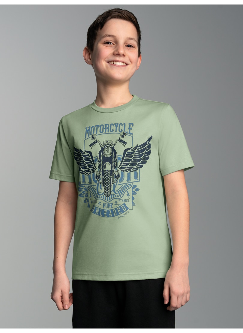 T-Shirt TRIGEMA "TRIGEMA T-Shirt mit großem Motorrad-Printmotiv", Jungen, Gr. 140, grün (grün tea), 100% Baumwolle, Basic, Shirts T-Shirt