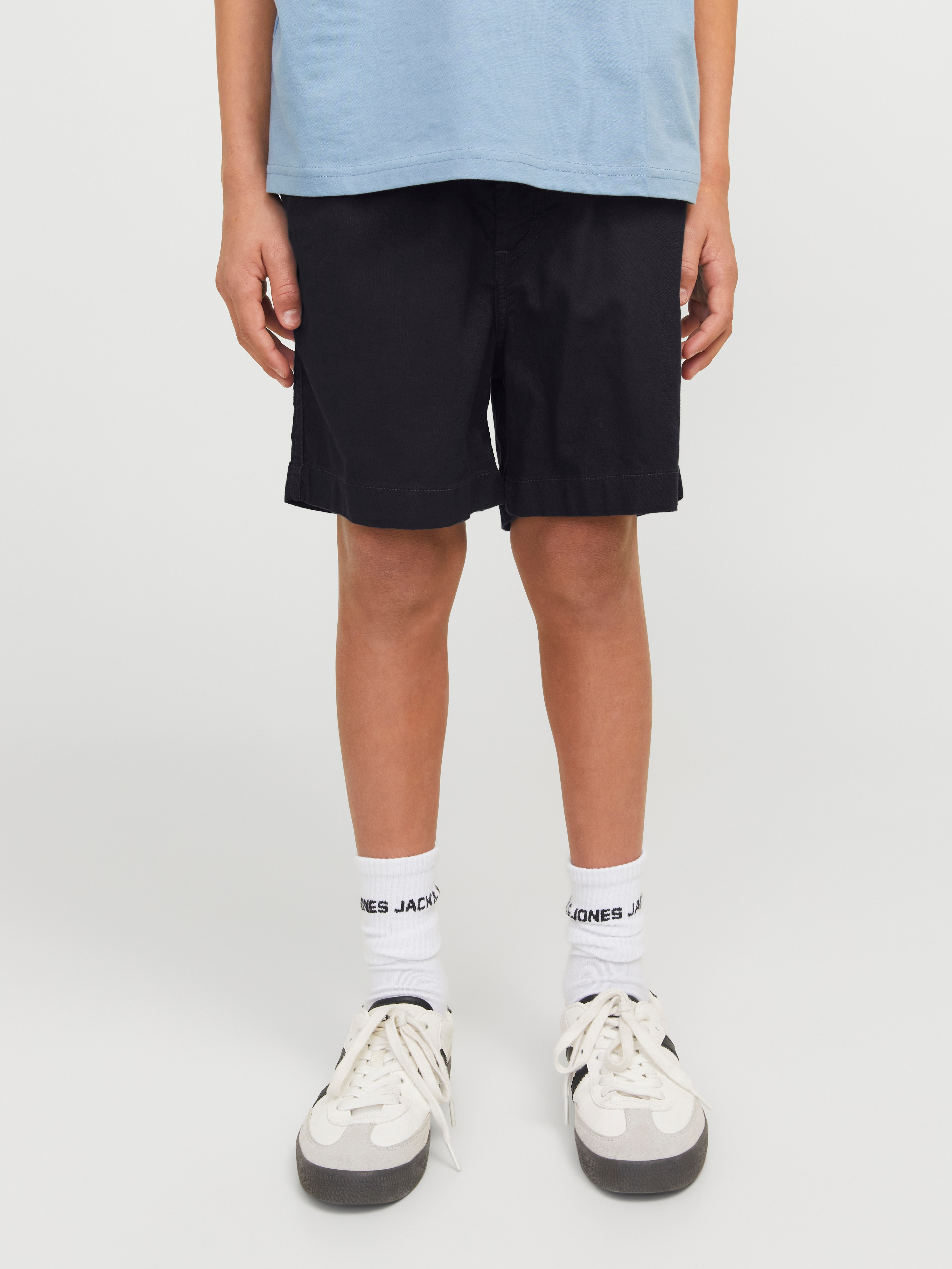Jogg-Bermudas JACK & JONES JUNIOR "JPSTJAIDEN JJCAMPAIGN HYBRID BONDI JNR", Jungen, Gr. 158, N-Gr, schwarz, Web, Obermaterial: 80% Baumwolle, 20% Leinen, unifarben, Hosen