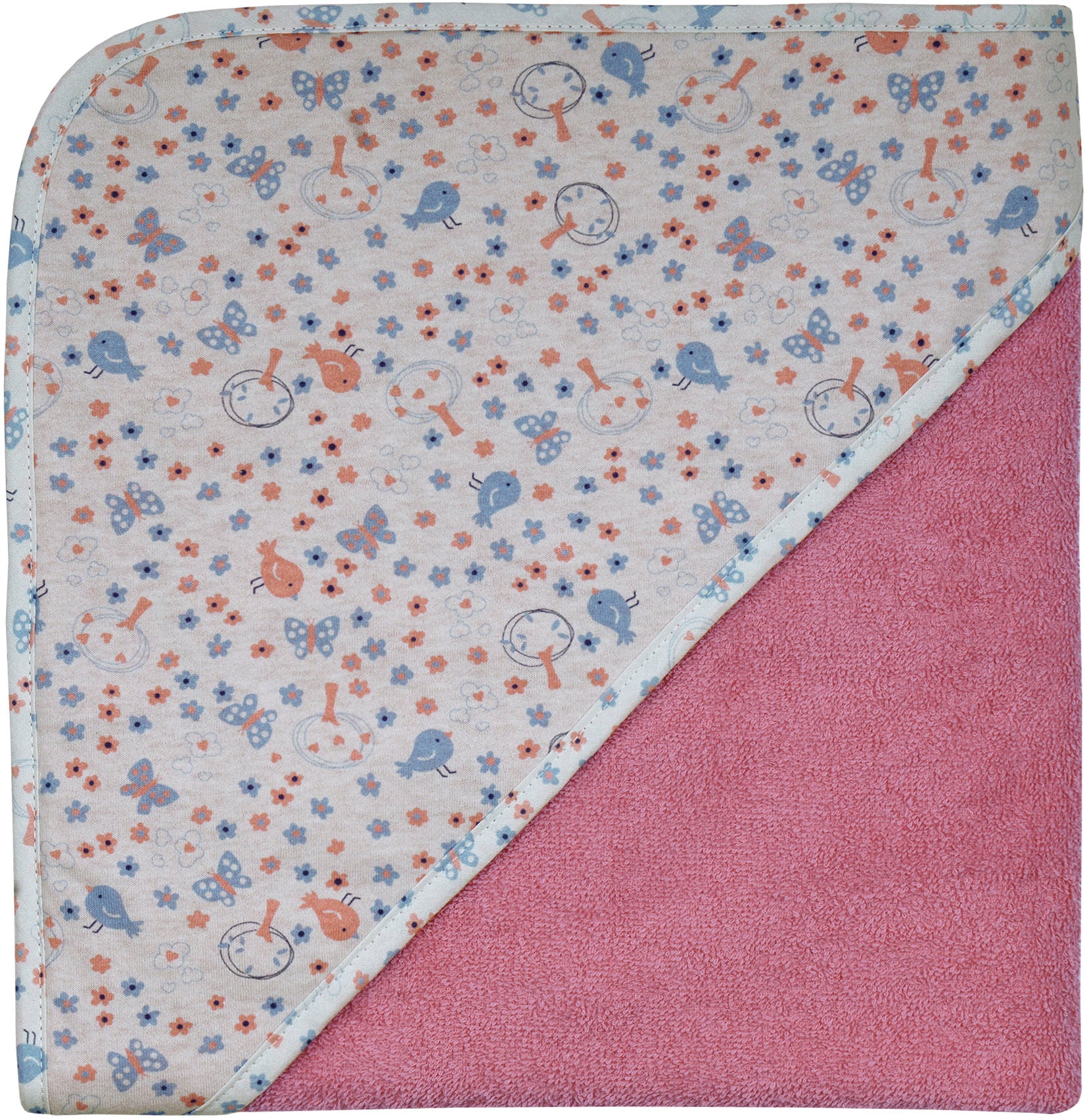 Kapuzenhandtuch WÖRNER "Vogel koralle Kapuzenbadetuch 100/100", orange (koralle), B:100cm L:100cm, Frottee, Frottier, Handtücher, obere Lage der Kapuze aus bedrucktem Single-Jersey